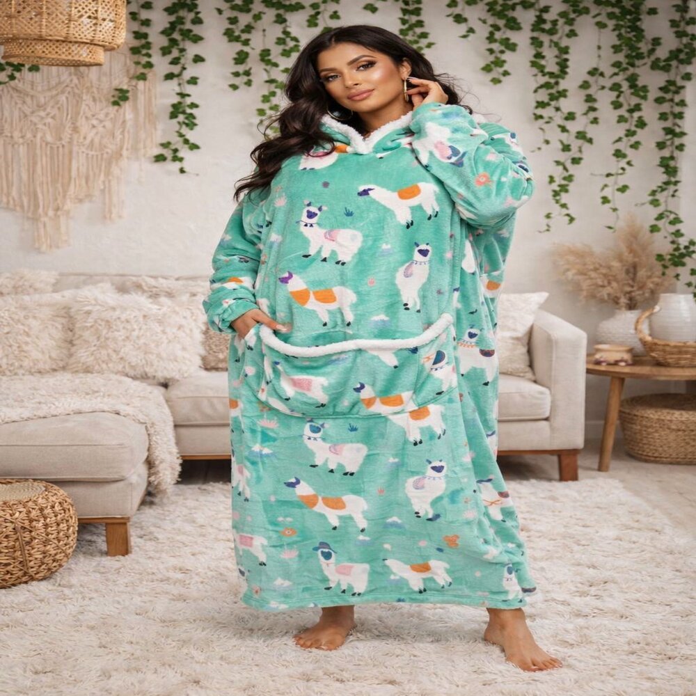 Llama Hoodie Blanket Dress Cozy Plush Oversized Lounge Wear Soft Sherpa Women's